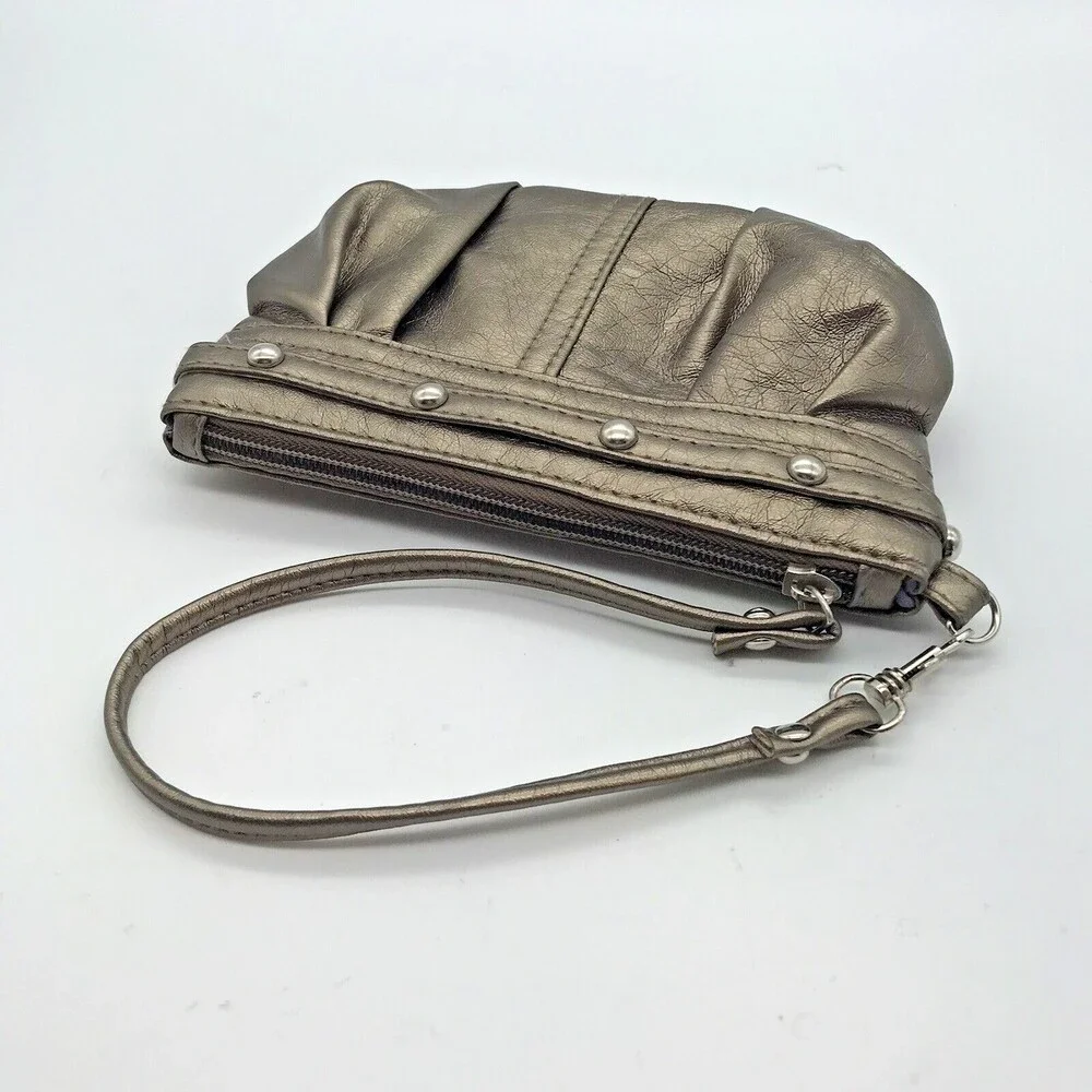Gold Faux Leather Wristlet Purse Zip Closure Studs Lined Evening Bag Clutch